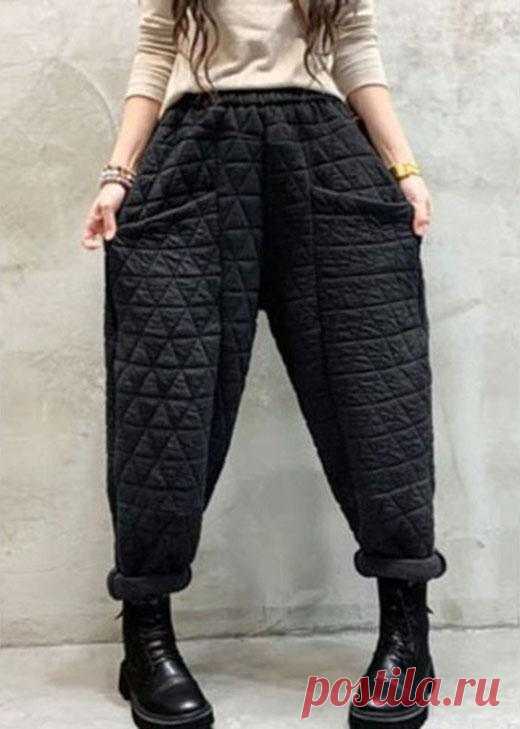Organic Black Elastic Waist Thick Pockets Casual Winter Pants – Omychic