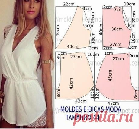 O molde de macacão encontra-se no tamanho 44=XL. Faça o molde deste macacão, com base nas medidas da imagem. O grau de dificuldade de costura é baixo. Faça