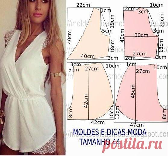 O molde de macacão encontra-se no tamanho 44=XL. Faça o molde deste macacão, com base nas medidas da imagem. O grau de dificuldade de costura é baixo. Faça