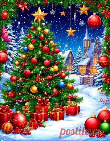 яркий всплеск красок, новогодняя картинка елка шары сосульки звезды сказочно красиво