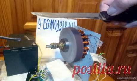 Точилка ножей на самодельном двухфазном бесколлекторном электродвигателе Сегодня я хочу продолжить начатую тему, «двухфазный бесколлекторный двигатель». Только теперь не умилительно наблюдать, как все это крутится- вертится, а как можно все-таки, это вращение использовать. Забегая вперед, могу предположить, что можно установить шкив на боку ротора и передать вращение