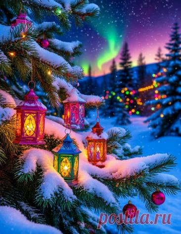 на пушистой ёловой ветке покрытой пушистым снегом красивые разноцветные елочные фонарики, с рождественскими украшениями и разноцветными огнями, снегом и северным сиянием.