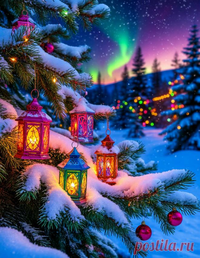 на пушистой ёловой ветке покрытой пушистым снегом красивые разноцветные елочные фонарики, с рождественскими украшениями и разноцветными огнями, снегом и северным сиянием.