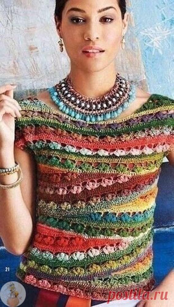 ​Интересный разноцветный топ Интересный разноцветный топИнтересный разноцветный топ выглядит как эксклюзивная вещь из бутика.На самом деле на него можно пустить завалявшиеся остатки пряжи.Творите и делайте себя и окружающих капельку счастливее.