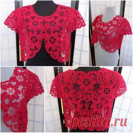 Болеро &quot;Ночь &quot; алого цвета сплетено на коклюшках , с коротким рукавом .Нитки хлопок красного цвета