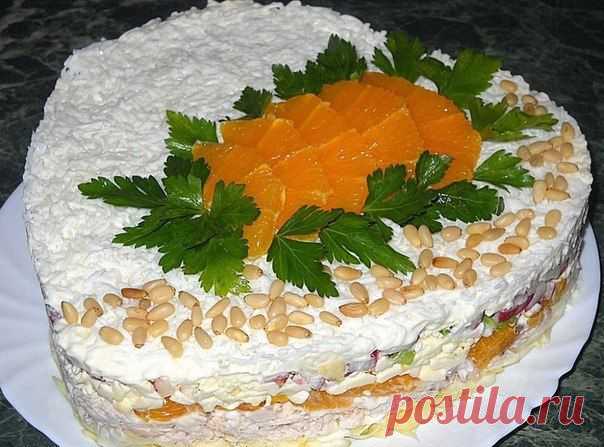 Слоеный салат с курицей и апельсинами | Вкусный рецепт