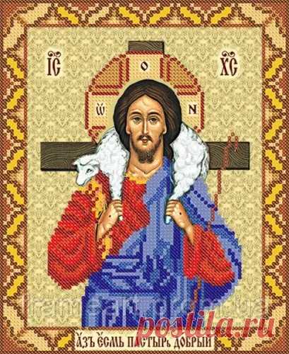 Добрый пастырь, схема на канве Ткань с рисунком для вышивания бисером, рисунок нанесен на атлас.