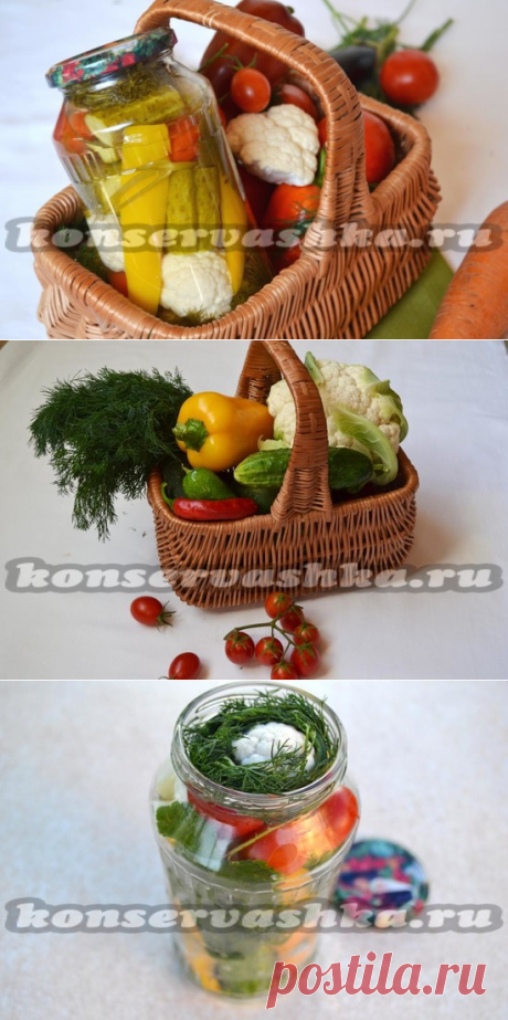 Ассорти с цветной капустой, огурцами и помидорами на зиму