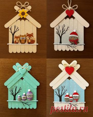 Crafts with popsicle stick | Popsicle stick projects house, Owl-themed crafts inspiration, Popsicle stick crafts for christmas