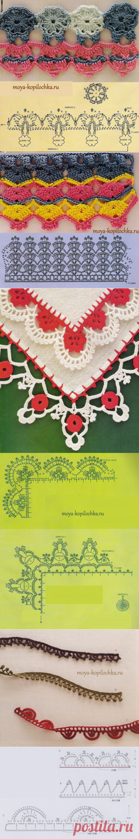42 ОБРАЗЦА ВЯЗАНОГО КРУЖЕВА ДЛЯ ОТДЕЛКИ КРАЯ ИЗДЕЛИЯ СО СХЕМАМИ