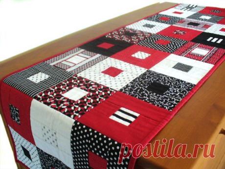 Quilted contemporary geometric table runner or wall hanging in red, black and…