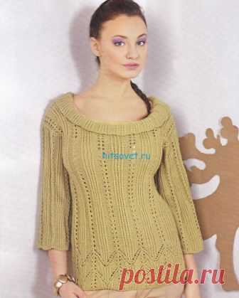 Джемпер в вертикальный ажурный узор с горловиной-воланом. Спицами. / Хитсовет