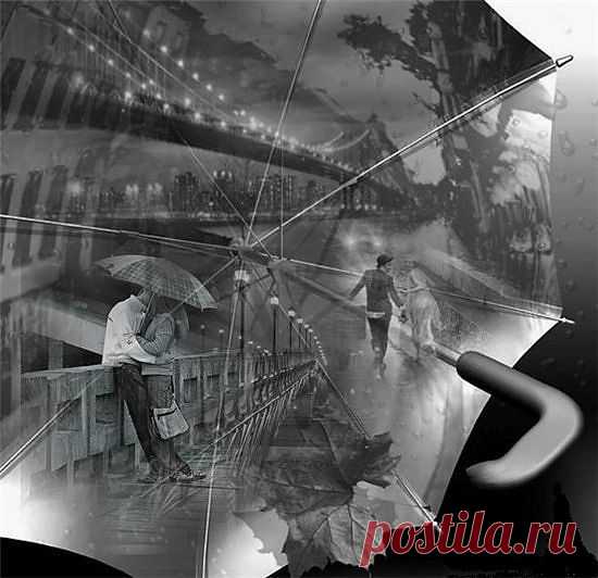 А мы — те двое под одним зонтом,
 что, замерев, стоят среди прохожих.
 Октябрьский день, нарочно непогожий,
 нас ото всех дождём укрыть готов.

 Застыли вдруг, в людском потоке встав.
 Исчезли враз причины торопиться.
 Лишь пусть мгновенье хрупкое продлится
 под куполом промокшего зонта!

 Он весь блестит в неоновых огнях...
 Ты рук моих, озябших от ненастья,
 касаешься… И я свечусь от счастья,
 к тебе лицо несмело приподняв.