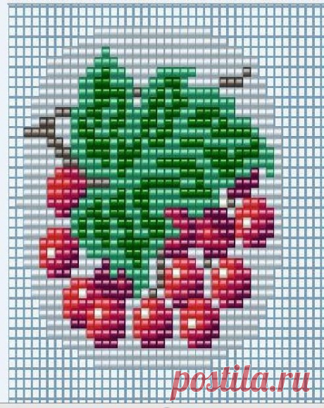 a cross stitch pattern with cherries and leaves on the side, in green and red colors