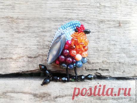 Купить "Зарянка" птичка брошь - комбинированный, разноцветный, птичка, лето, лето 2016, весна, осень