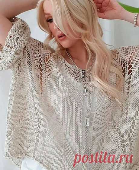 Ажурная футболка оверсайз спицами. Схема узора. / knittingideas.ru