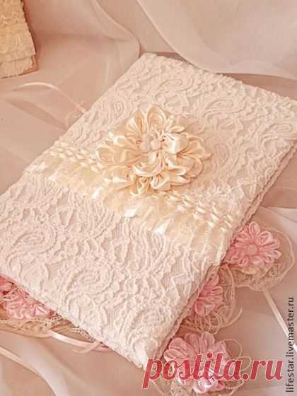 папка для свидетельства - бежевый,сатин,креп,цветы из ткани,кружево,рюши