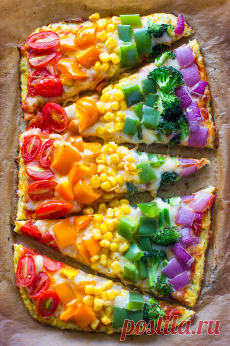 Rainbow Cauliflower Crust Pizza Low-carb Cauliflower crust rainbow pizza is packed with veggies inside and out, and is perfect for kids and adults. Rainbows are happening in the kitchen today! We've transformed the best cauliflower crust pizza into a rainbow