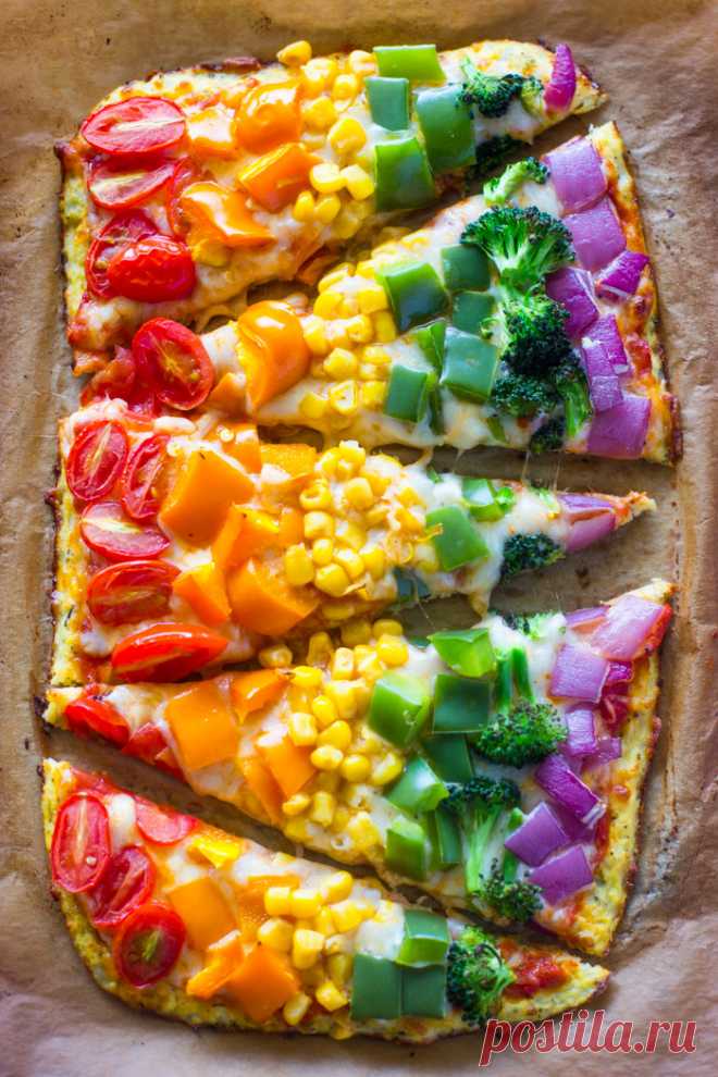 Rainbow Cauliflower Crust Pizza Low-carb Cauliflower crust rainbow pizza is packed with veggies inside and out, and is perfect for kids and adults. Rainbows are happening in the kitchen today! We've transformed the best cauliflower crust pizza into a rainbow