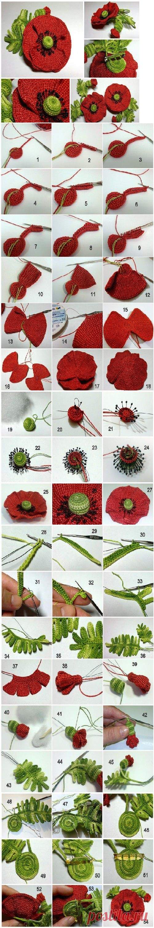 Crochet poppy brooch - complete pictorial - Beautiful brooch to make if you're able to follow the pictures.