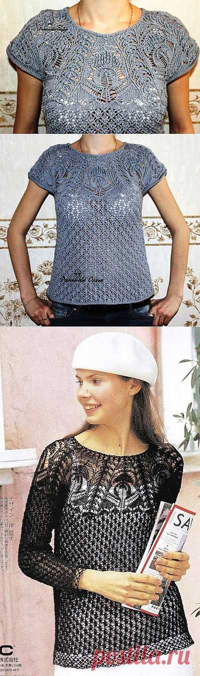 Пуловер с ажурной кокеткой.