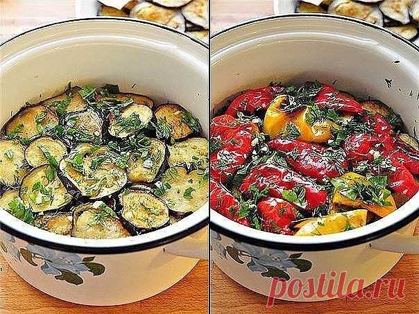 Закуска из маринованных баклажанов и перцев-гриль.