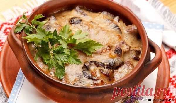 Готовим жаркое из курицы по-русски в глиняном горшочке!!!!
Ингредиенты: 
Курица весом примерно 1 кг, 400г репчатого лука, 50г изюма, 50г ядер грецкого ореха, 50г свежих грибов, 15г сливочного масла, свежая зелень, соль, молотый черный перец. 
Для соуса: 25г муки высшего сорта, 400г сметаны, 25г сливочного масла. 
Приготовление: 
Тушку промыть, обсушить, разрубить на 8 кусков, посолить, поперчить, обжарить до полуготовности. Лук нашинковать полукольцами и обжарить до золоти...