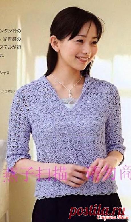 Ажурный пуловер с небольшим отложным воротником. Крючок. 80018_LKS