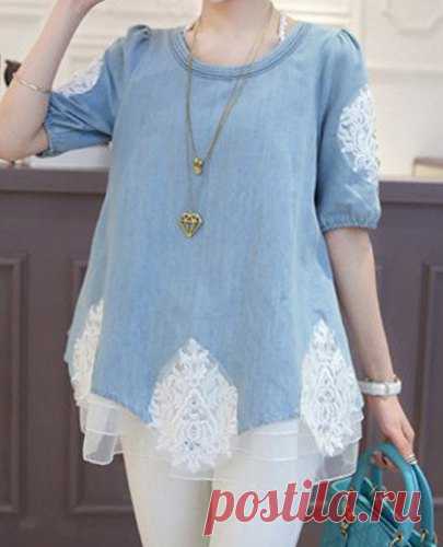 Сладкий Scoop Neck Lace Сращивание Diamante 1/2 рукав Denim Женская блузка (Синий,M) | Sammydress.com