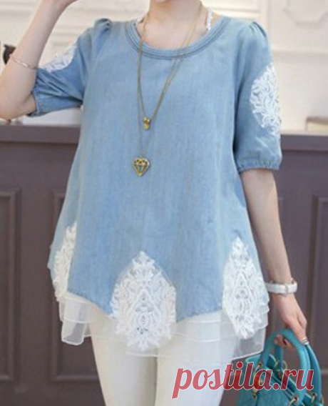 Сладкий Scoop Neck Lace Сращивание Diamante 1/2 рукав Denim Женская блузка (Синий,M) | Sammydress.com