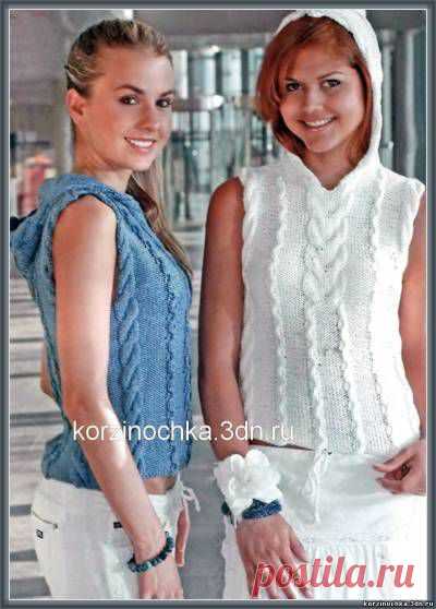 Вязаный жилет с капюшоном синего или белого цвета - 23 Августа 2014 - Вязание спицами, модели и схемы для вязания на спицах