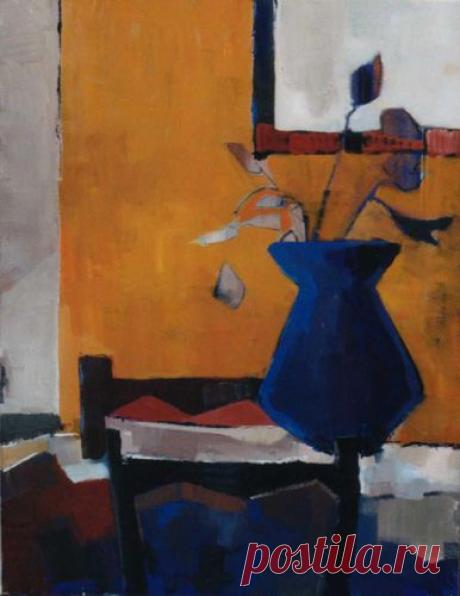 Huile sur toile. Nature morte au grand vase bleu.
