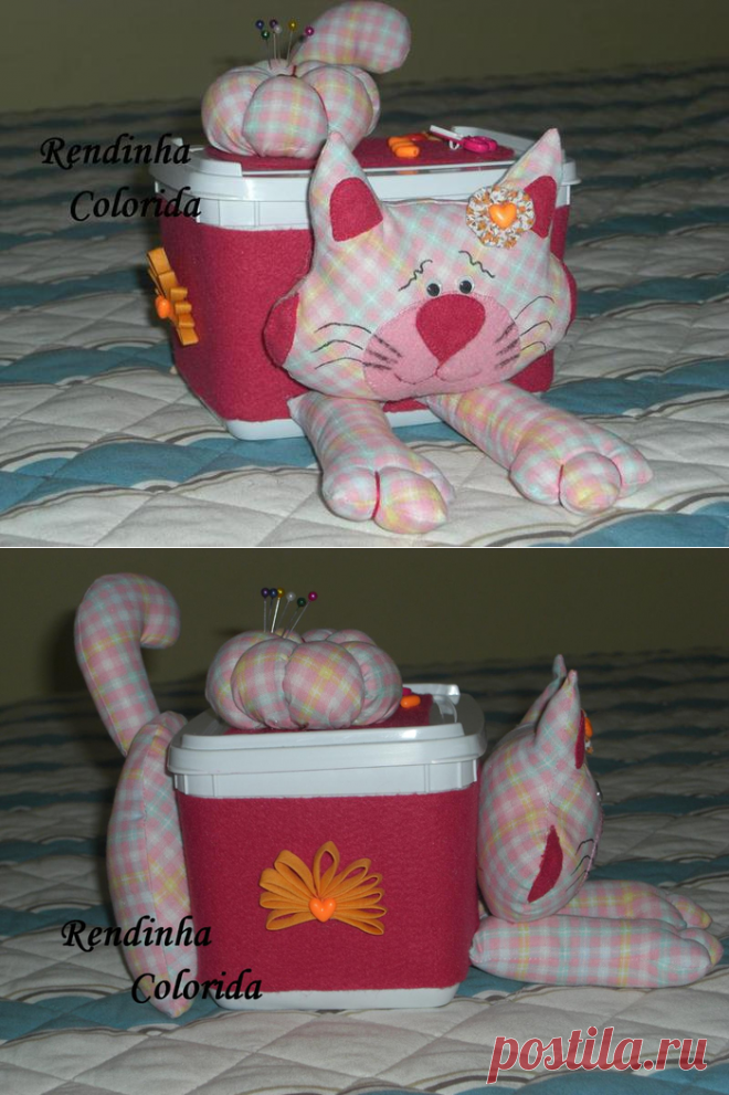 Котик - шкатулка с игольницей. Из коробки от мороженого.