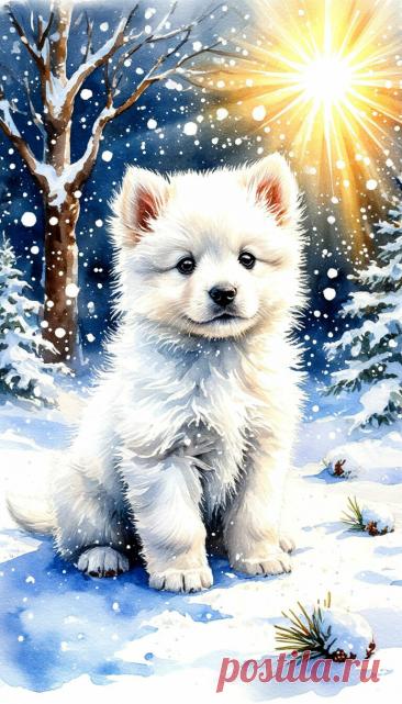 акварель, белый пушистый щенок сидит на снегу, вокруг падает снег, белая сказка, сверху лучи солнца, пушистый снег, всё блестит и сверкает, зиму