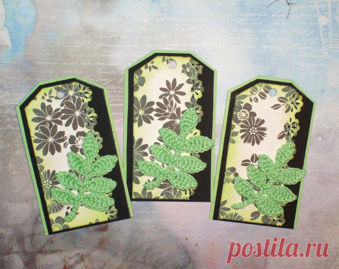 Открытки,теги,бирки - Тег (бирка) с веточкой (зеленый), 3шт