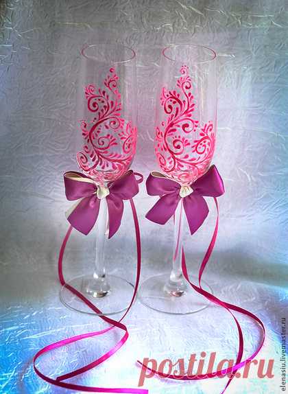 Купить Свадебные бокалы фуксия - роспись Кружево - фуксия, розовый, шампанское фуксия, бокалы фуксия