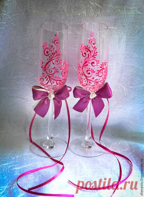 Купить Свадебные бокалы фуксия - роспись Кружево - фуксия, розовый, шампанское фуксия, бокалы фуксия