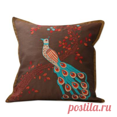 Cubiertas de cojines bordados marrones de India Bird Theme (par) - Peaceful Peacock | Novica