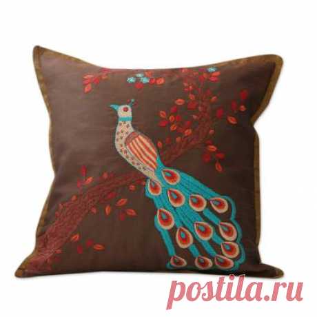 Cubiertas de cojines bordados marrones de India Bird Theme (par) - Peaceful Peacock | Novica