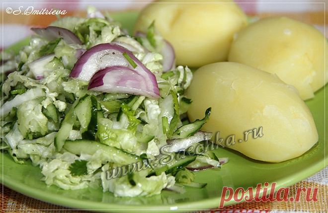 Свежо и вкусно . Хорошего дня ! Ингридиенты : 1/4 пекинская капуста, 
2 свежих огурца, 
1 красная луковица, 
зелень кинзы, 
перец, 
Показать полностью…