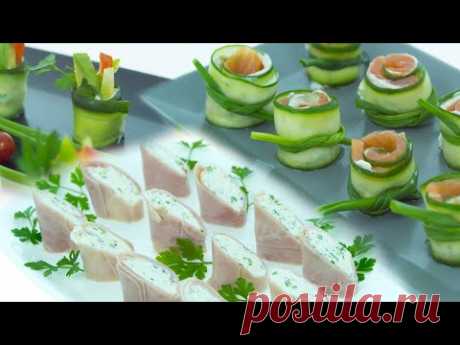Роллы с ветчиной и сыром и рулет из огурца с лососем - вкусные закуски