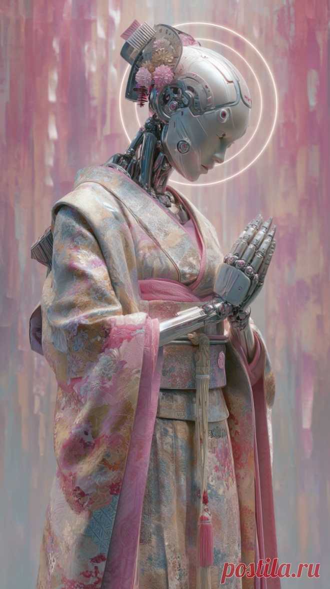 Робо-гейша: сплав традиций и футуристичного искусства в цифровой живописи. Картинка из нейросети Миджорни - Midjourney примеры промтов - Форум ИИ о нейросетях - Yes Ai