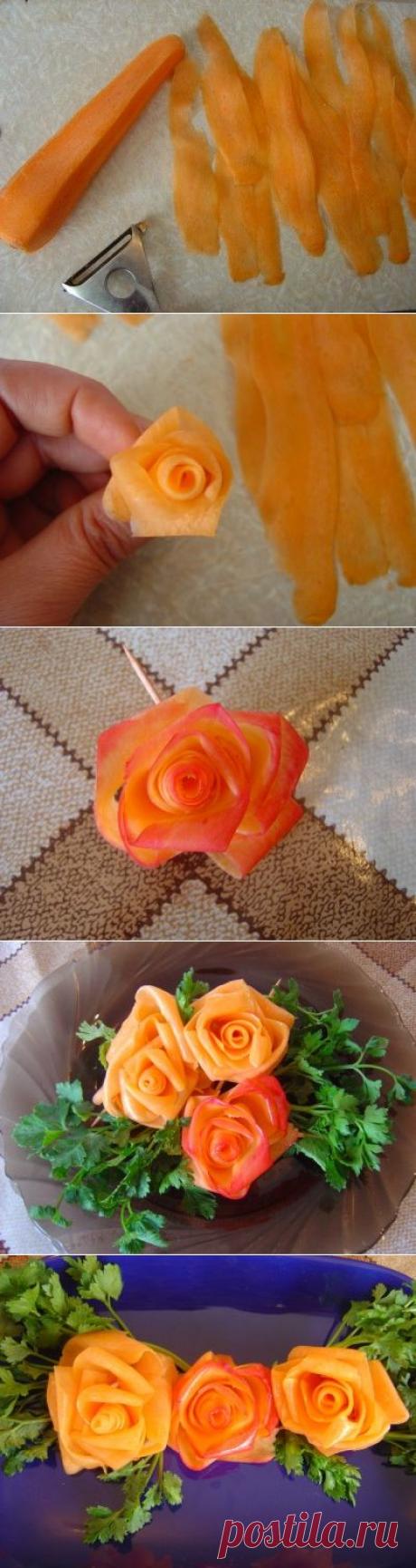 РОЗОЧКИ ИЗ МОРКОВИ !!!  **Фото -МК пошаговый. *Это сложнее, морковь более жестковата и не так послушна. Лохматостей много -их обрежь ножницами. Слайсы стругай  со всех 4-х сторон. *Собери, закрепи, обрежь. Красим чуть свек/соком -это шикарно! Смажь раст/маслом. *Если украшать не сразу -розы храни в холоде в плотно закрытой таре или под пленкой. Но не более 2-3ч.