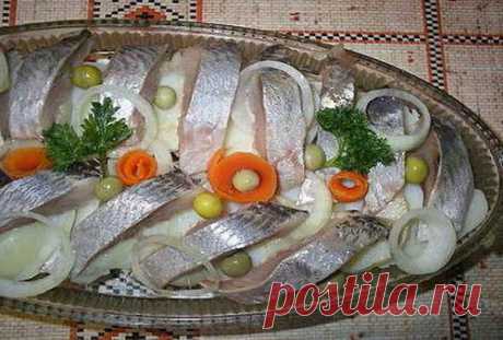 Селедка, маринованная в яблочном уксусе 
Такой вкусной селедки я еще не пробовала!

Ингредиенты:

сельдь 2 шт
лук 1-2 большие луковицы
уксус яблочный 5 столовых ложек
соль 2 ч л
сахар 0,5 ч л
вода 1 стакан (250 мл)
перец горошек 10 шт
кориандр зерна щепотка


Приготовление:

Рыбу почистить и порезать на кусочки. Лук порезать полукольцами. В воде растворить соль, сахар и добавить уксус яблочный, перемешать. В миску уложить рыбу вперемешку с луком, посыпать перцем и кориандр...