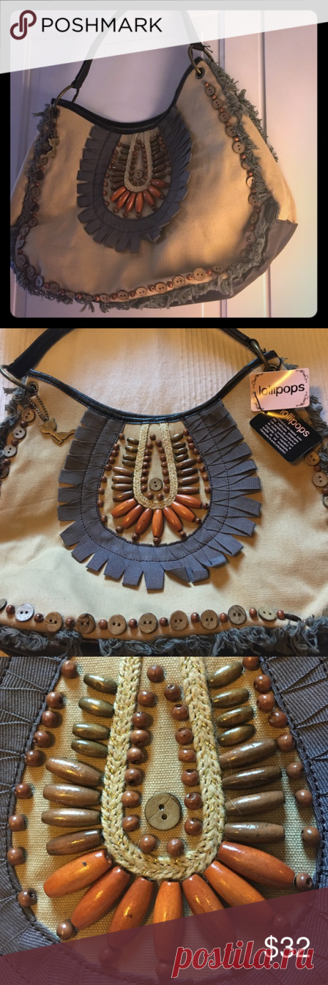 Craft beaded bag Lollipops Paris bag, NWT, handmade, wooden beads and buttons,zippered pocket inside, approx 17"*12"*5" Lollipops Paris Bags Shoulder Bags