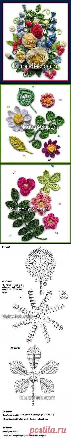 Элементы ирландского кружева: Цветы и листья связанные крючком. Часть 1