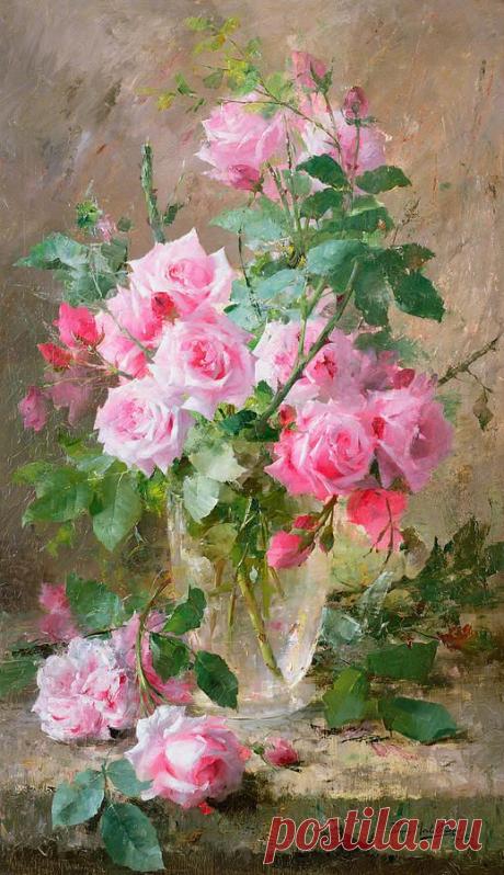 Still life of roses in a glass vase Print by Frans Mortelmans