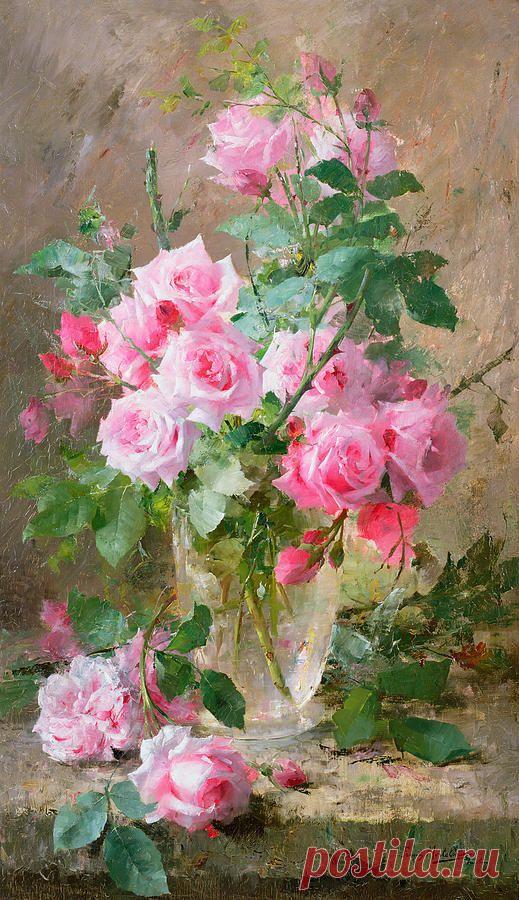 Still life of roses in a glass vase Print by Frans Mortelmans