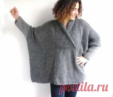 ON SALE Plus Size Hand Knitted Sweater Grey Poncho от afra
