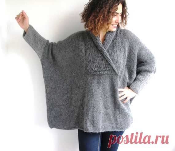 ON SALE Plus Size Hand Knitted Sweater Grey Poncho от afra